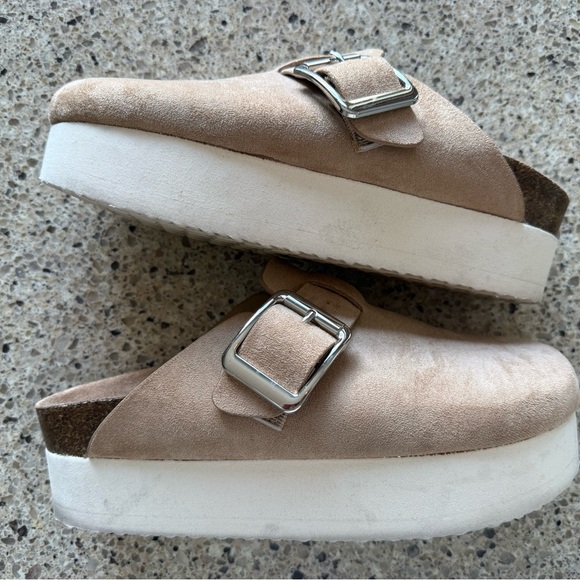 Madden Girl Shoes - Madden Girl Taupe Suede Platform Slide with Silver Buckle